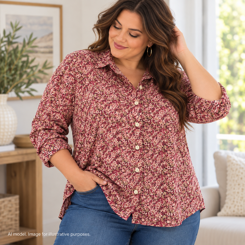 LL Bean Shirt Womens XL Pink Ditsy Floral Prairie Country Western Lux Work Chore